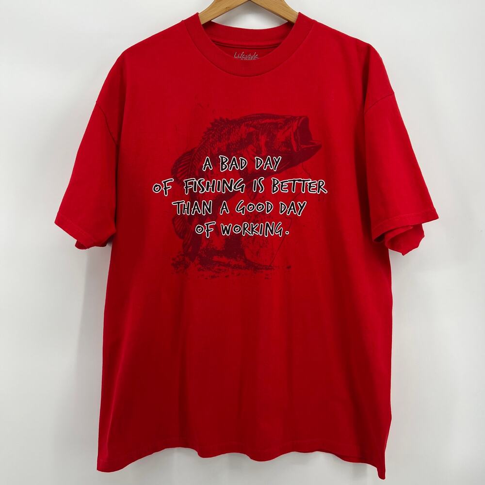 Vintage Y2K Fishing Graphic Cotton Tee XL Red Funny Quote Cropped Boxy Outdoors